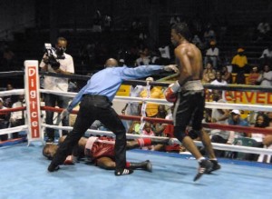 The ‘Chin Checker’ knocks out his opponent at a recent match