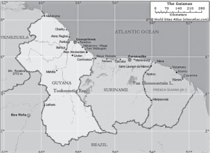 Map of the Guianas showing the Guiana coast which, after centuries of conquest and colonization, became British, Dutch and French Guiana; now independent Guyana and Surinam, though French Guiana remains a French overseas territory