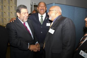 (From left) St Vincent and the Grenadines’ Prime Minister Dr Ralph Gonsalves, Antigua and Barbuda’s Prime Minister Baldwin Spencer and Guyana’s Head of State Donald Ramotar share a happy moment during the 68th Session of the United Nations General Assembly in New York last week. (A&B gov’t photo) 