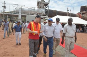 President Donald Ramotar listens keenly as Chief Executive Officer of RUSAL, Vladislav Soloviev  explains the Kurubuka bauxite plant’s operations during a tour of the company’s operations. 