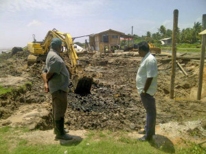 Region Two Chairman Parmanand Persaud at the construction site inspecting the works done by Samaroo’s Investment